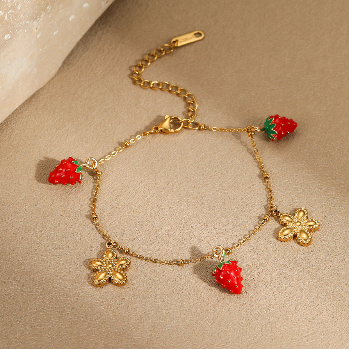 18k Gold Plated Cute Strawberry Flower Charms Link Chain Bracelet