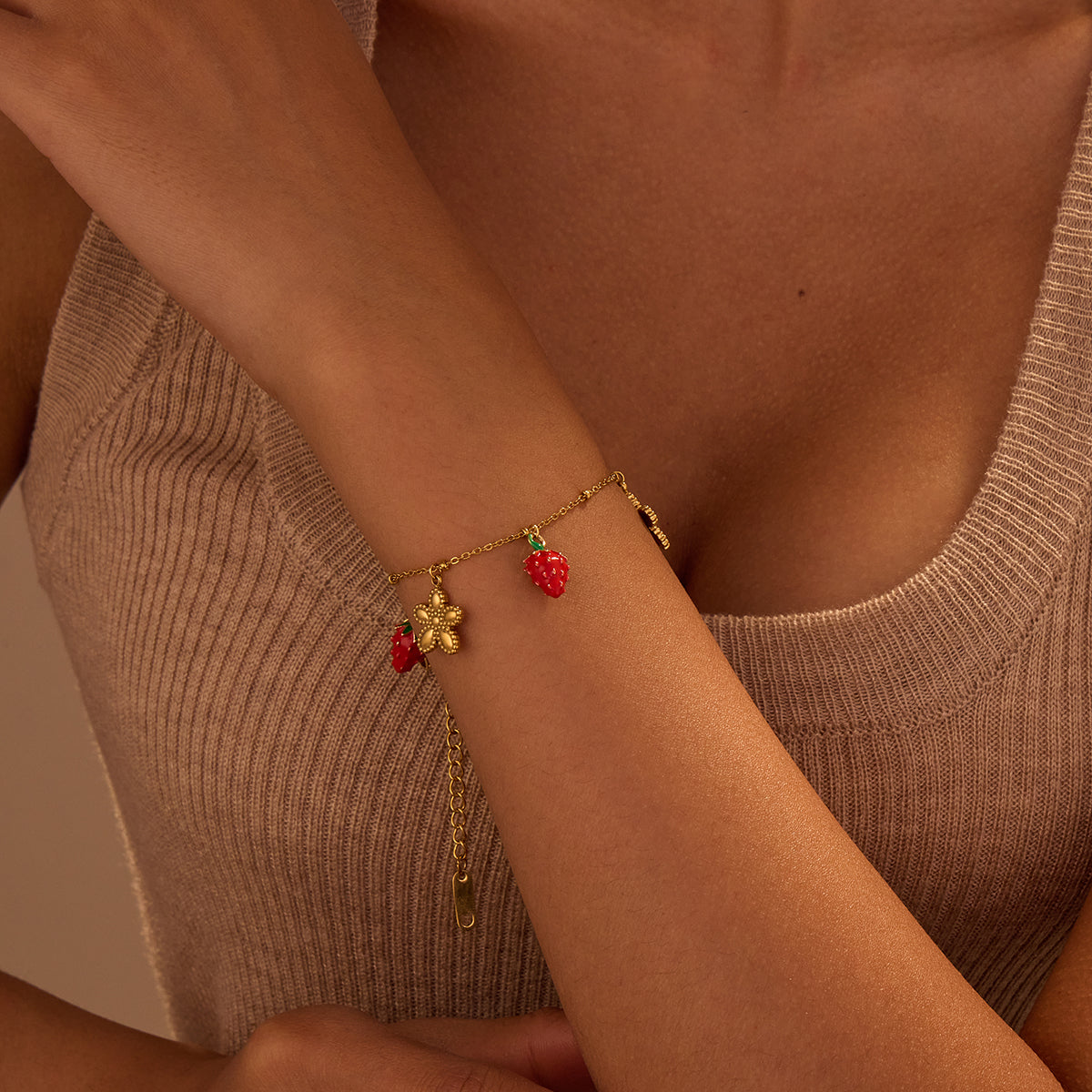 18k Gold Plated Cute Strawberry Flower Charms Link Chain Bracelet