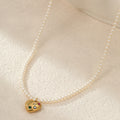 18k Gold Plated Dainty Pearl Beaded Necklace with Gold Heart Pendant & Crystal Accents