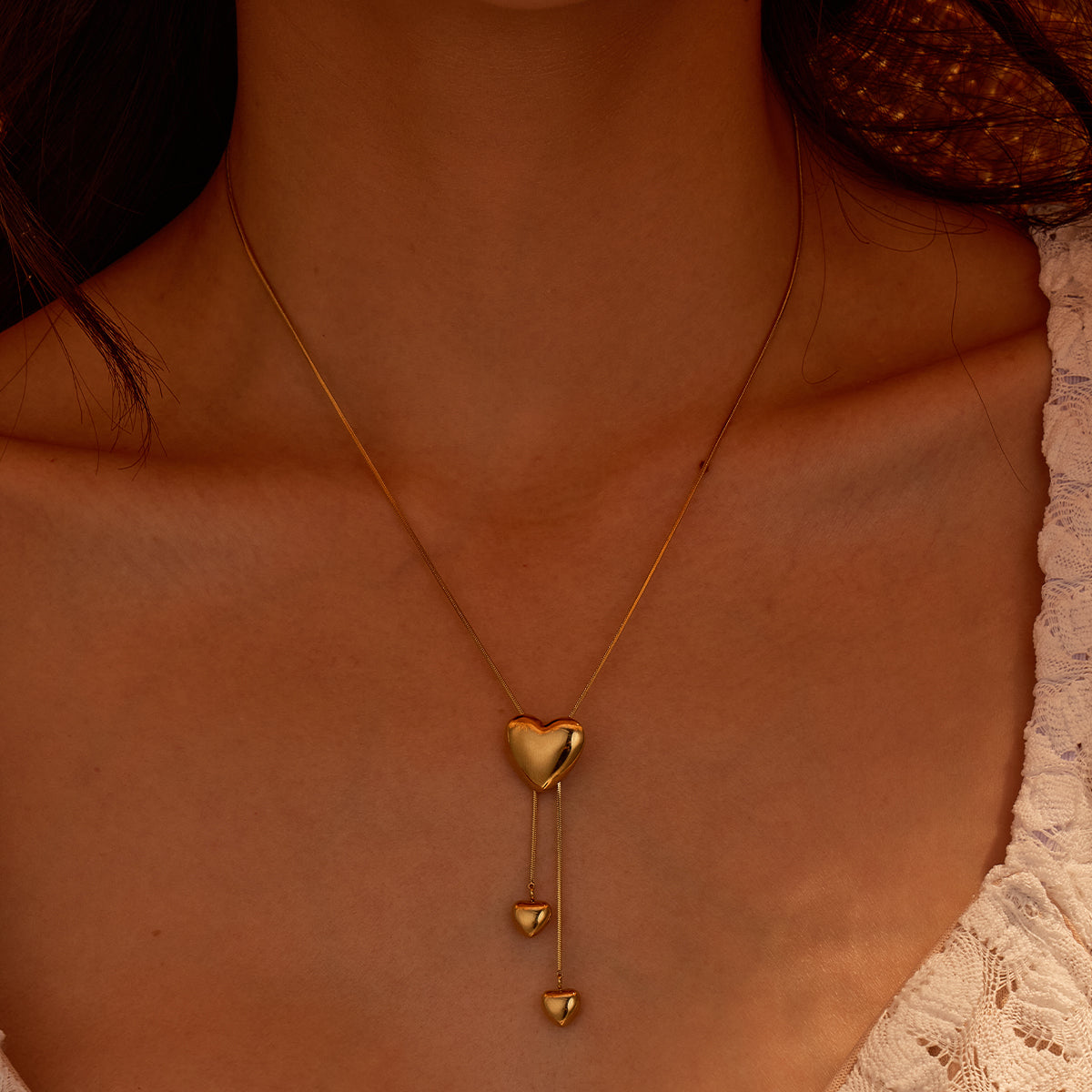 18K Gold Plated Stainless Steel Y Shaped Heart Drop Necklace