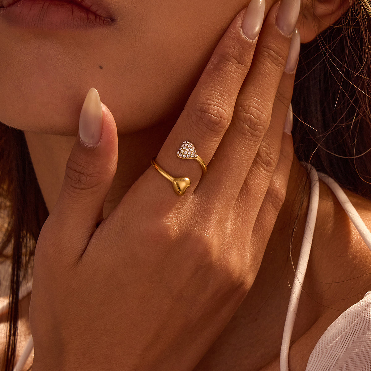 18K Gold Plated Stainless Steel Asymmetric Rhinestone Heart Ring
