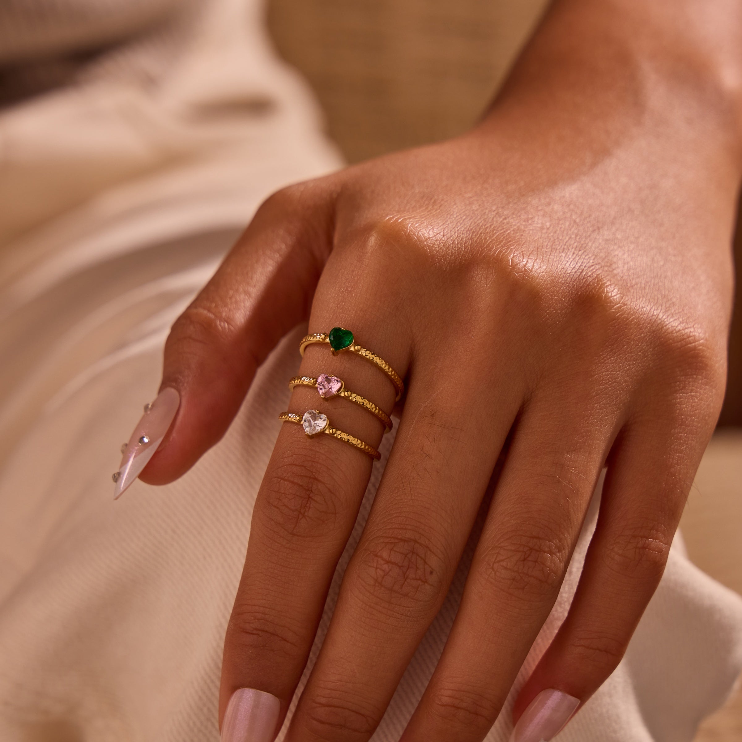 18K Gold Plated Stainless Steel Heart Rings with Cubic Zircon