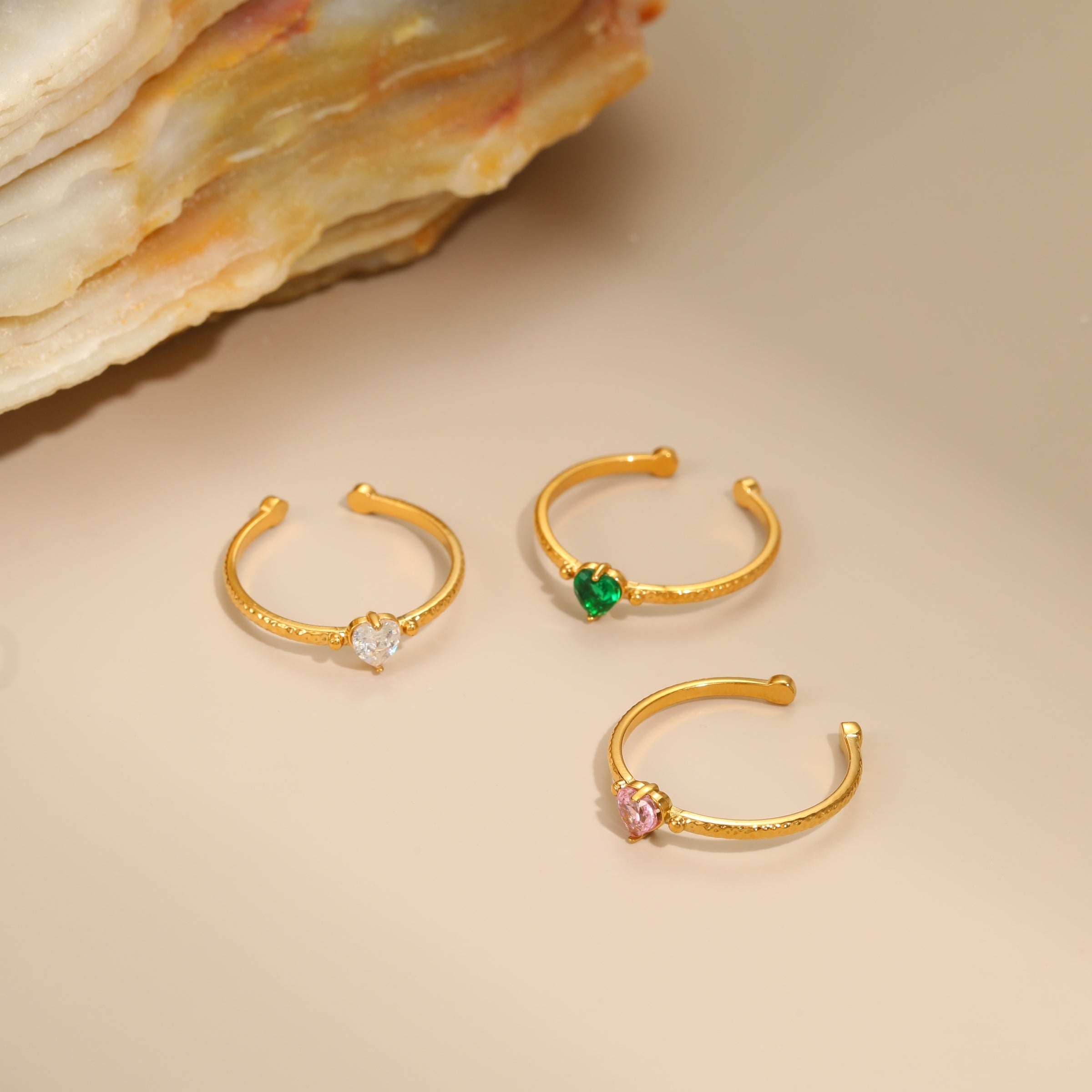 18K Gold Plated Stainless Steel Heart Rings with Cubic Zircon