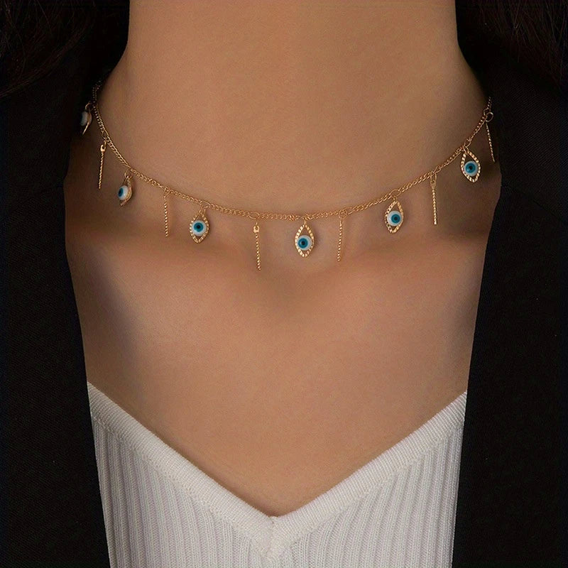 Elegant Luxury Alloy Choker Necklace with Evil Eye Tassel Pendants