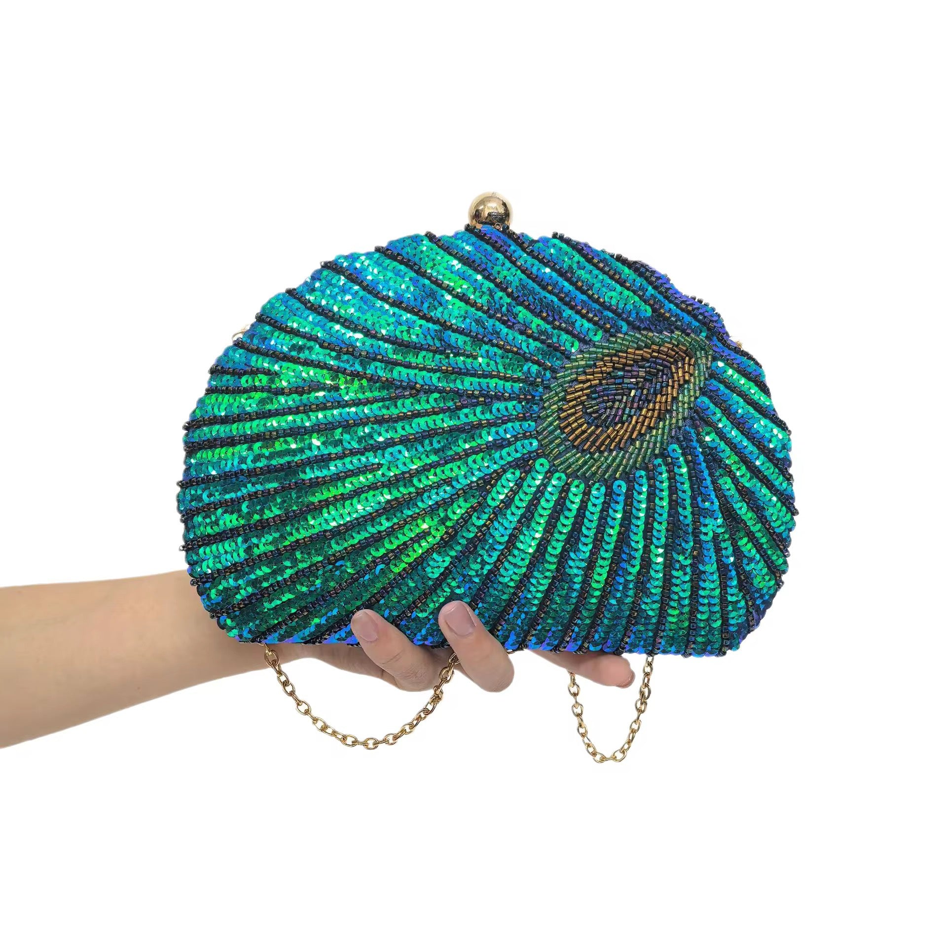 Elegant Peacock Feather Sequin Evening Clutch with Removable Strap