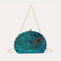 Elegant Peacock Feather Sequin Evening Clutch with Removable Strap
