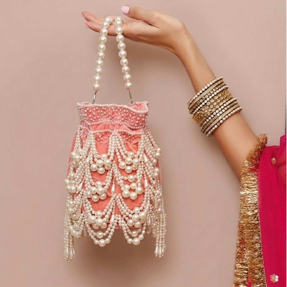Luxurious Pink Pearl Potli with Heavy Beading - Traditional Indian Bag Blush Pink