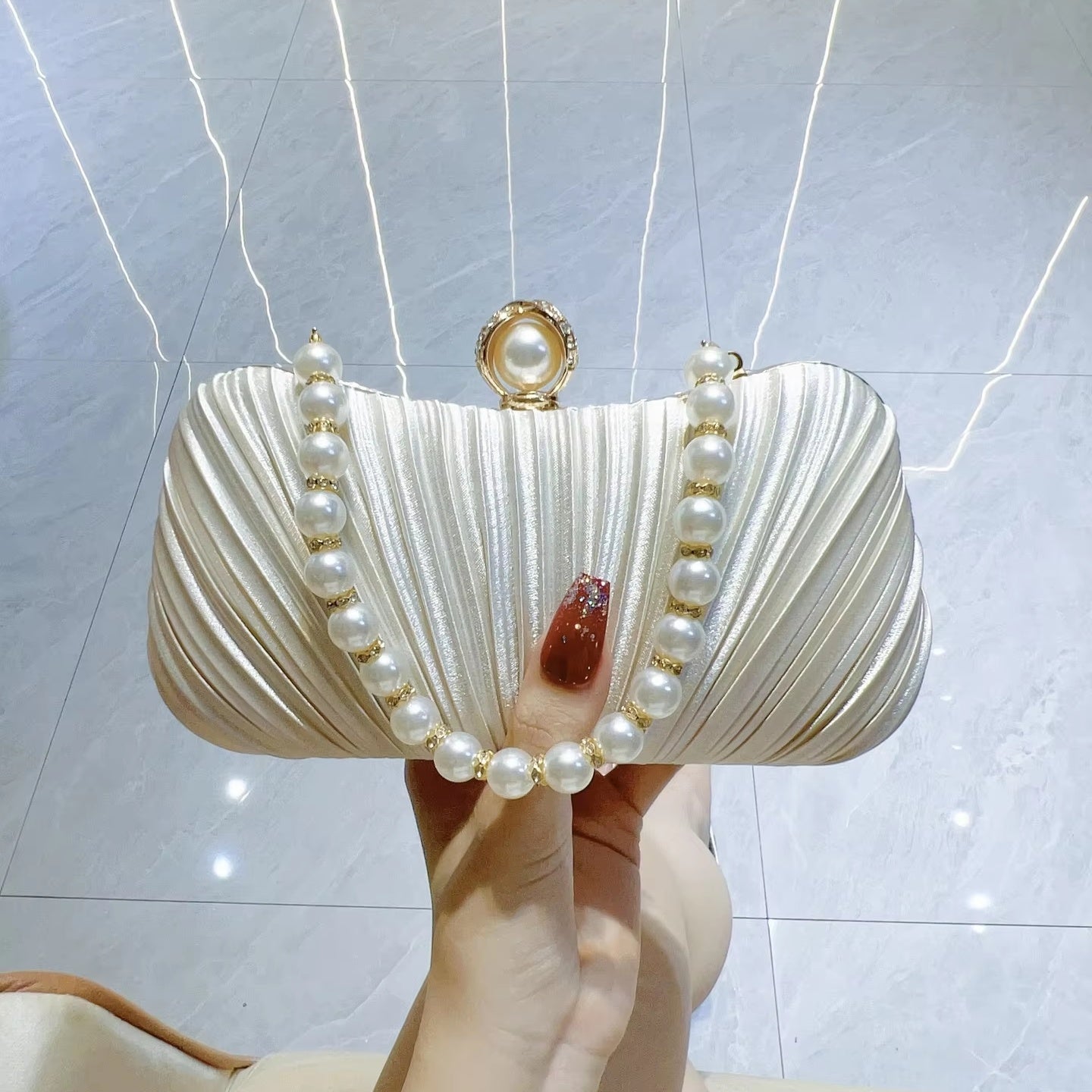 Elegant Women Pleated Satin Handbags with Pearl Handle