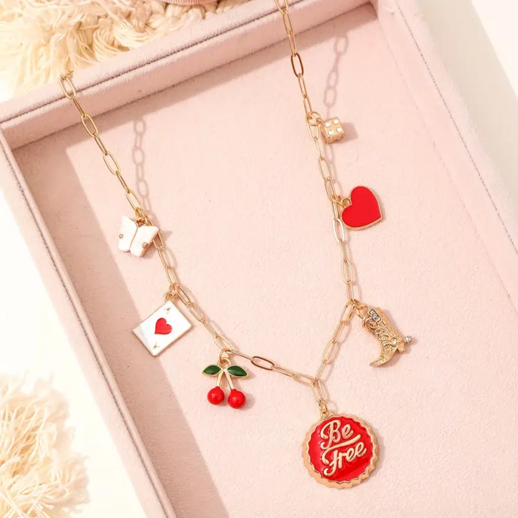 Necklace with Cherry, Heart, Butterfly & Cowboy Boot Charms