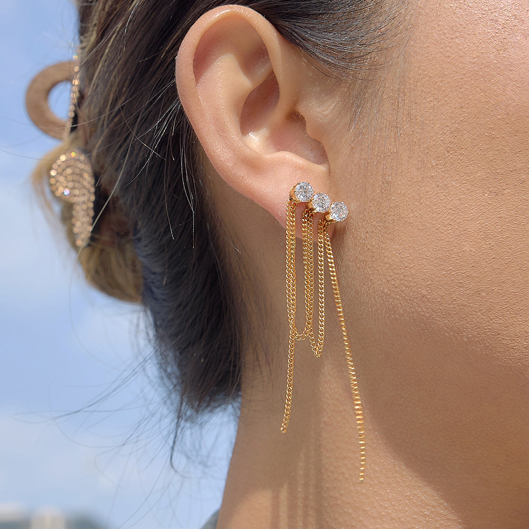 18K Gold Plated Round White Zircon Chain Tassel Earring