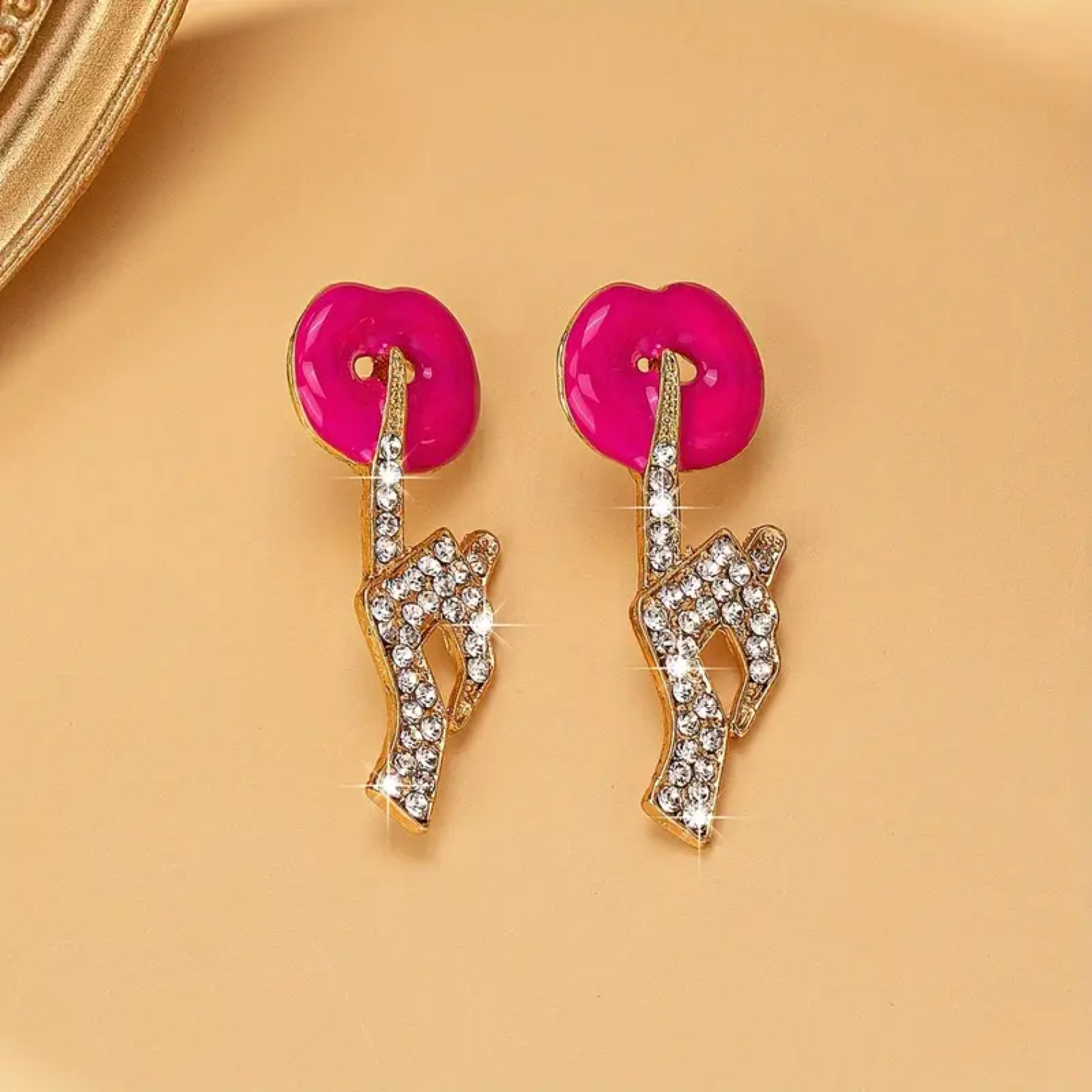 Crystal Lips Design Drop Earrings, Pink Enamel with Rhinestone Design, Gold-Tone