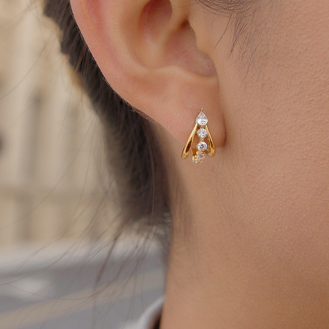 Luxury 18K Gold Plated Three-Layer C-Shaped Zircon Earrings for Women