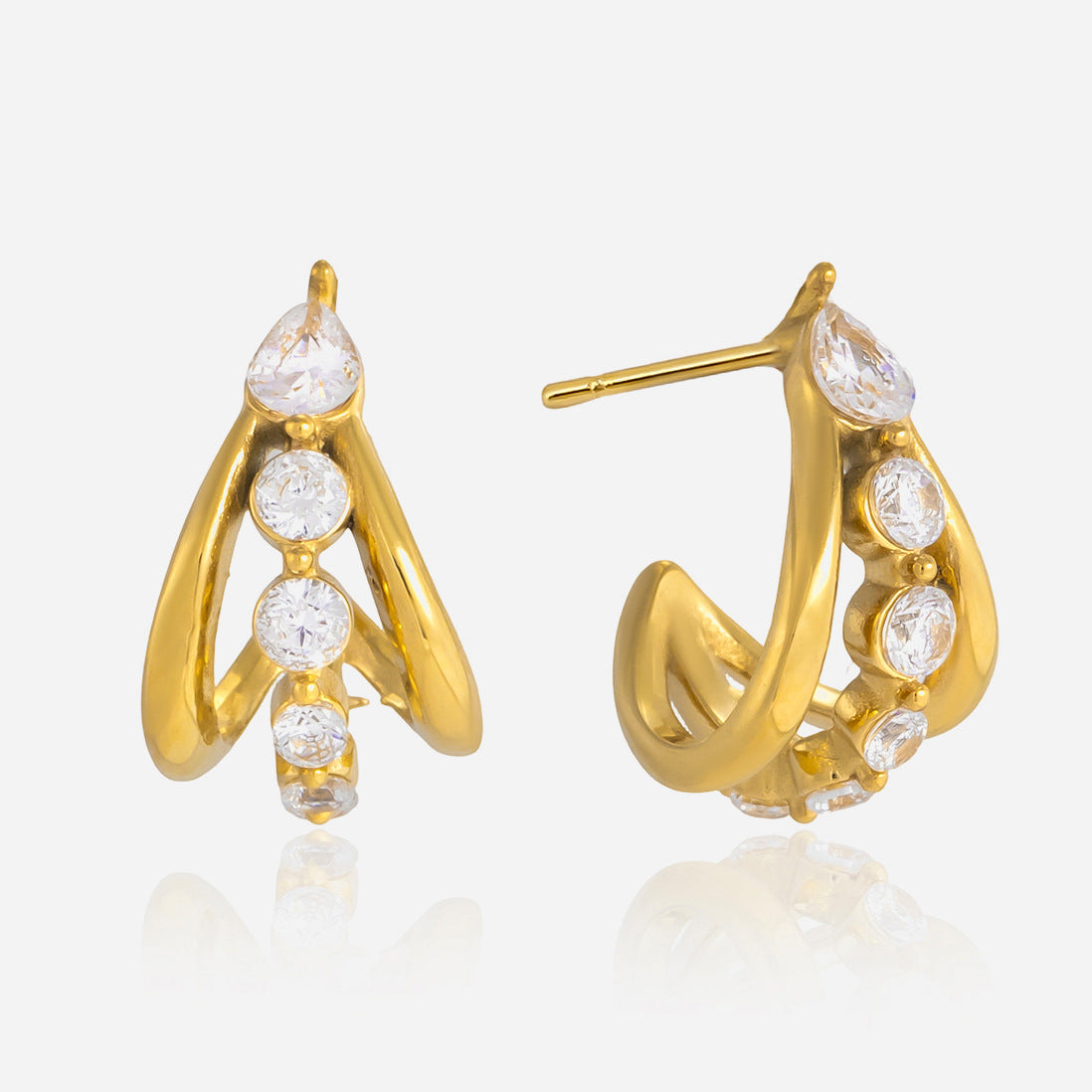 Luxury 18K Gold Plated Three-Layer C-Shaped Zircon Earrings for Women