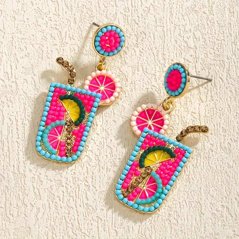Tropical Drink Cup Design Beaded Earrings