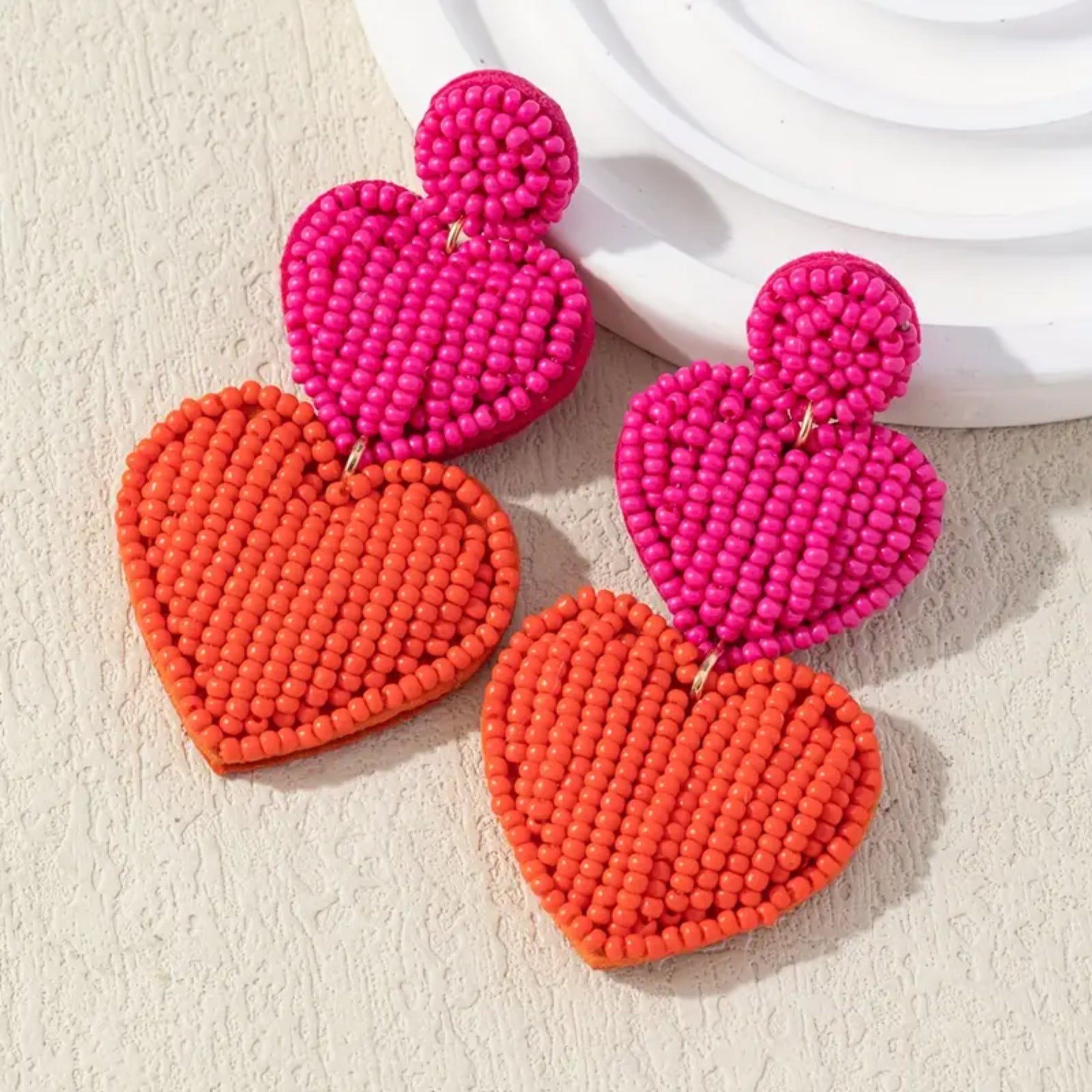 Beaded Heart Drop Statement Earrings-Double Heart Design