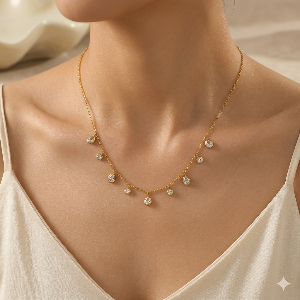 18K Gold Plated Zircon Water Droplet Charms Necklace - Fashion Jewellery