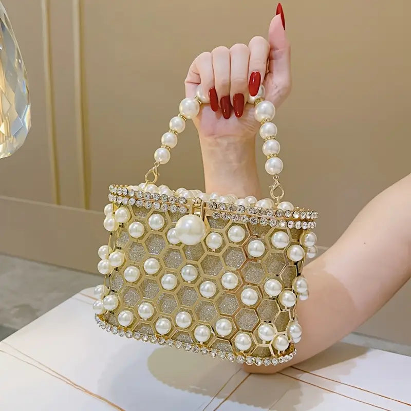 Vintage Bird Cage Design Hollowed-out Metal Pearl Bag