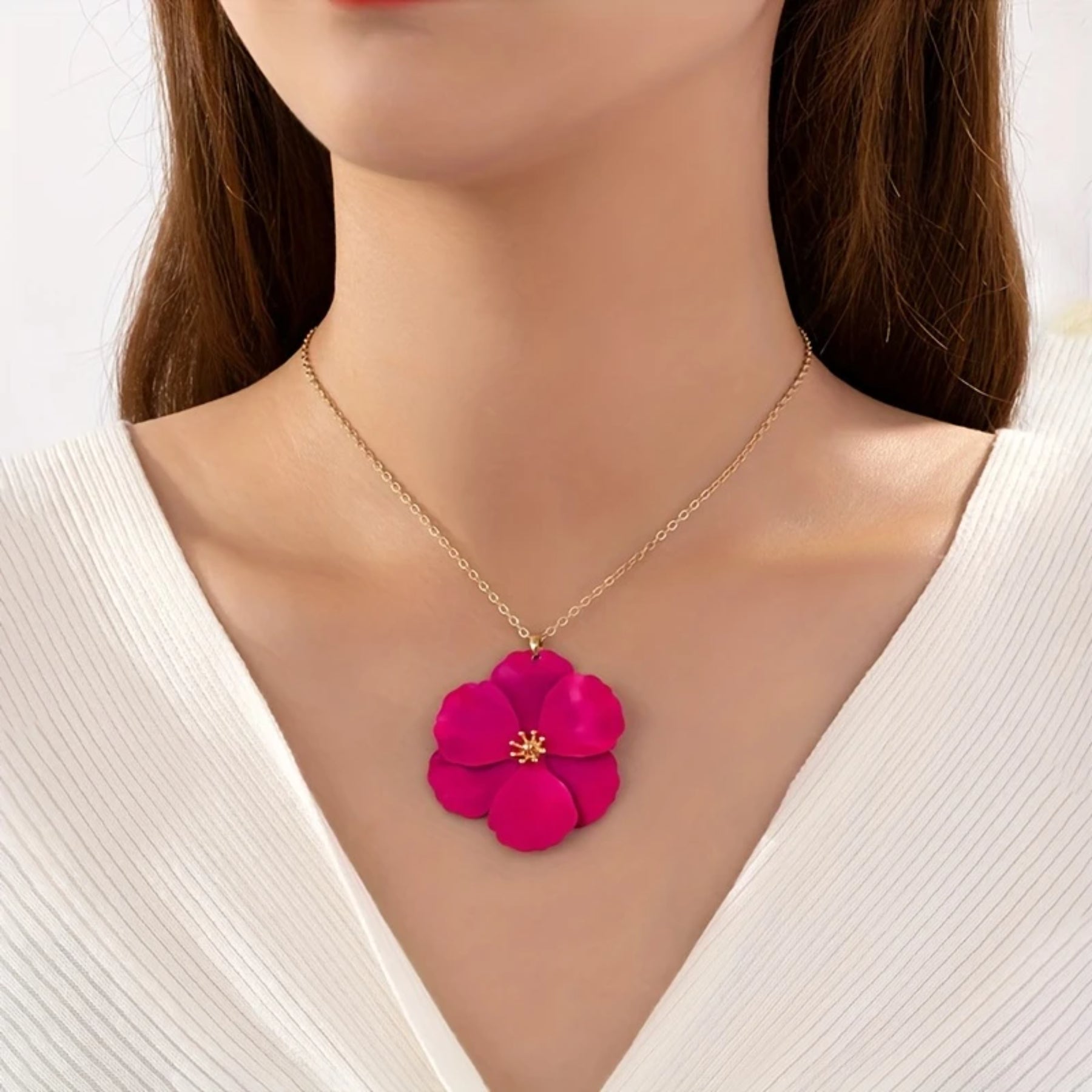Elegant Pink Flower Pendant Necklace with Gold-Tone Chain