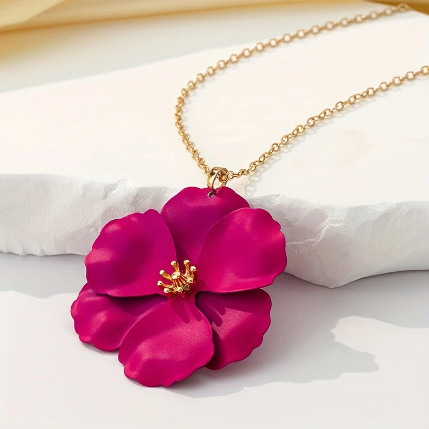 Elegant Pink Flower Pendant Necklace with Gold-Tone Chain